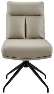 Moderne, beige stoel met zwart metalen frame, vooraanzicht