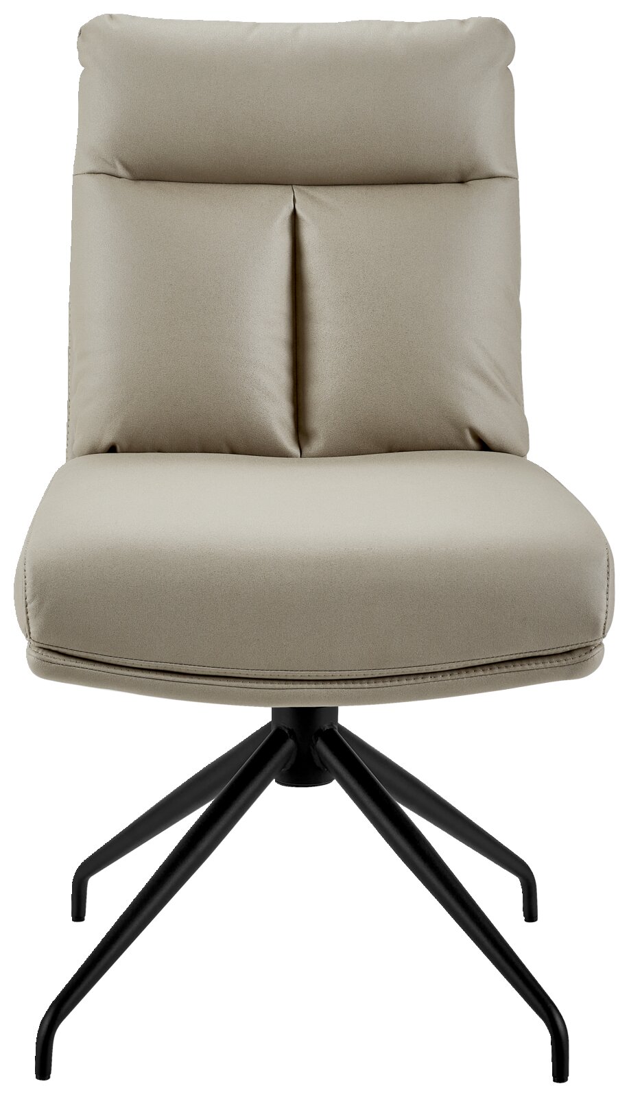 Moderne, beige stoel met zwart metalen frame, vooraanzicht
