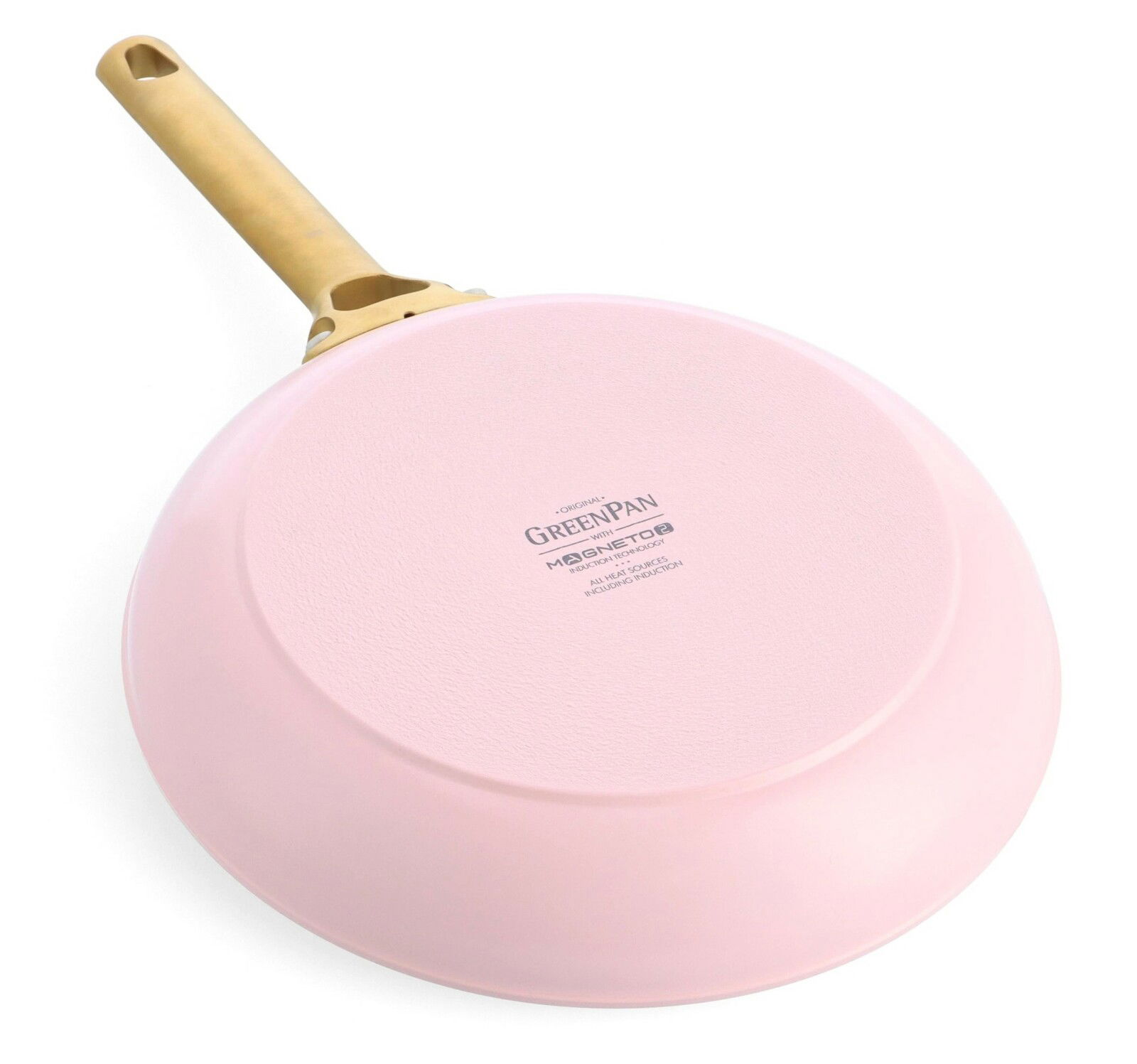 Rosa Bratpfanne mit goldenem Griff, Ansicht von unten