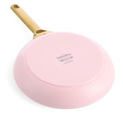 Rosa Bratpfanne mit goldenem Griff, Ansicht von unten