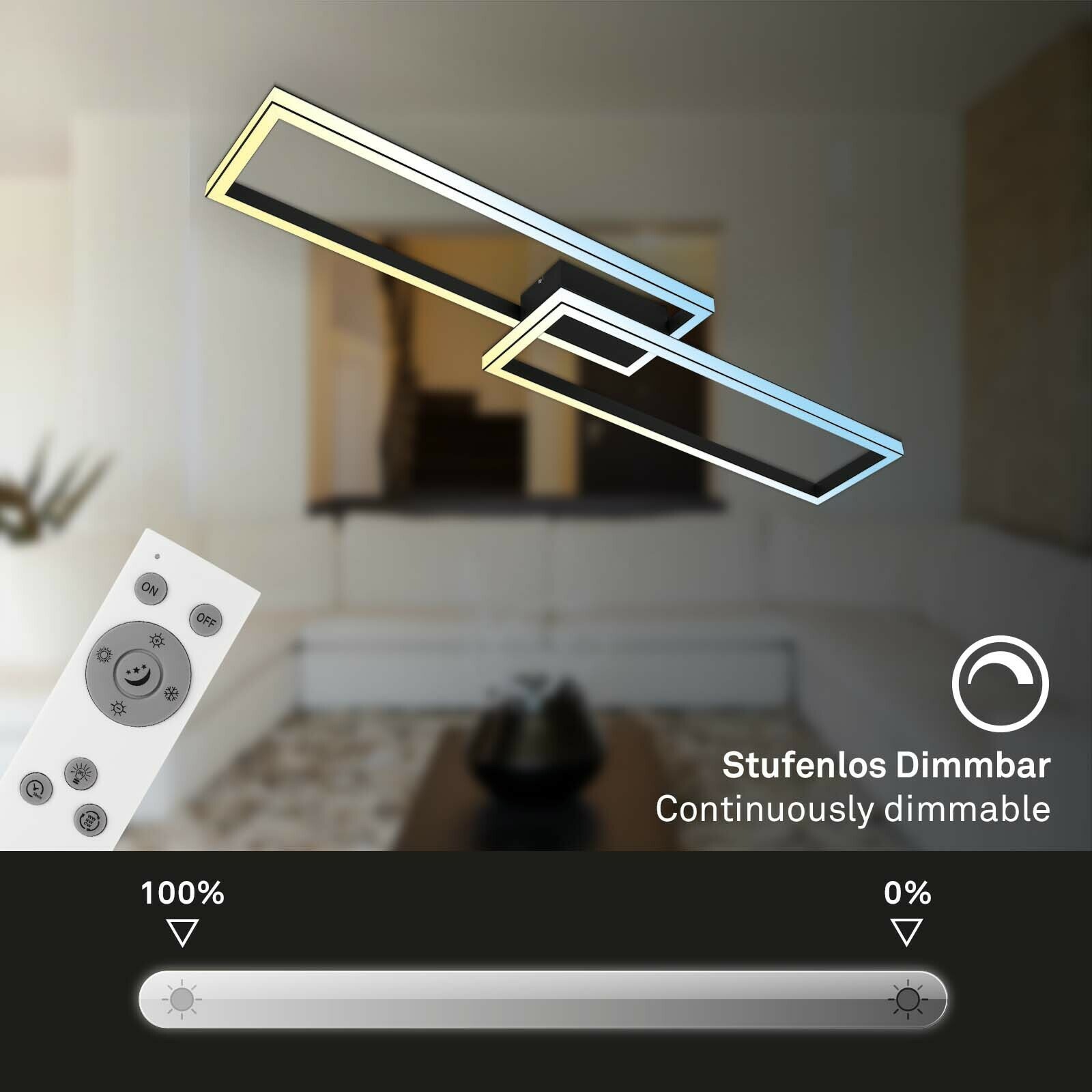 Moderne LED Deckenleuchte in Schwarz mit rechteckigem Design, stufenlos dimmbar, inklusive Fernbedienung, seitliche Perspektive.