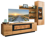 Moderne Wandkombination aus Holz mit TV-Schrank, Wandregal und Vitrine, aus frontaler Perspektive.