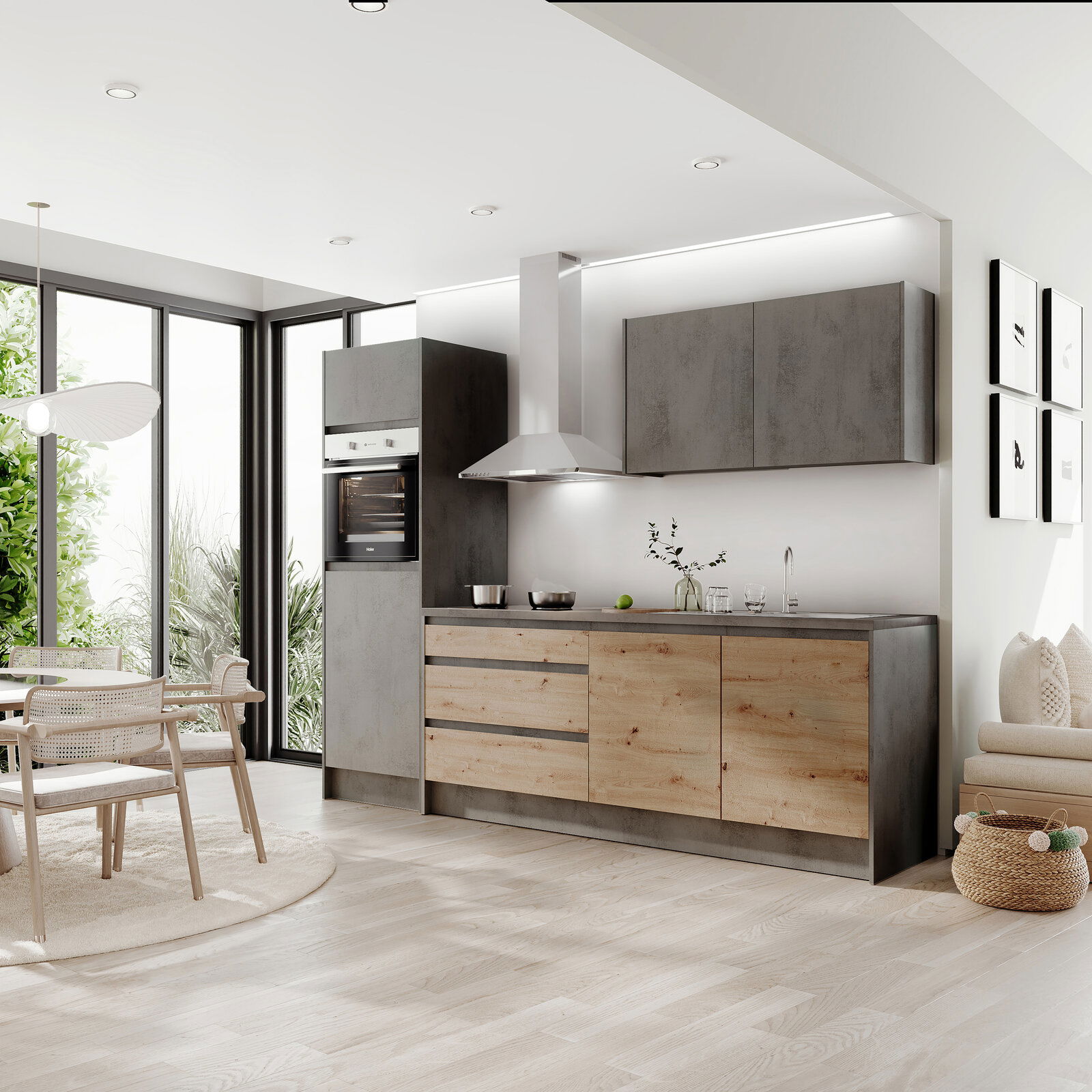 Moderne Küche mit Holz- und Grautönen, Blick von der Seite auf Küchenblock mit integriertem Ofen und Dunstabzugshaube.