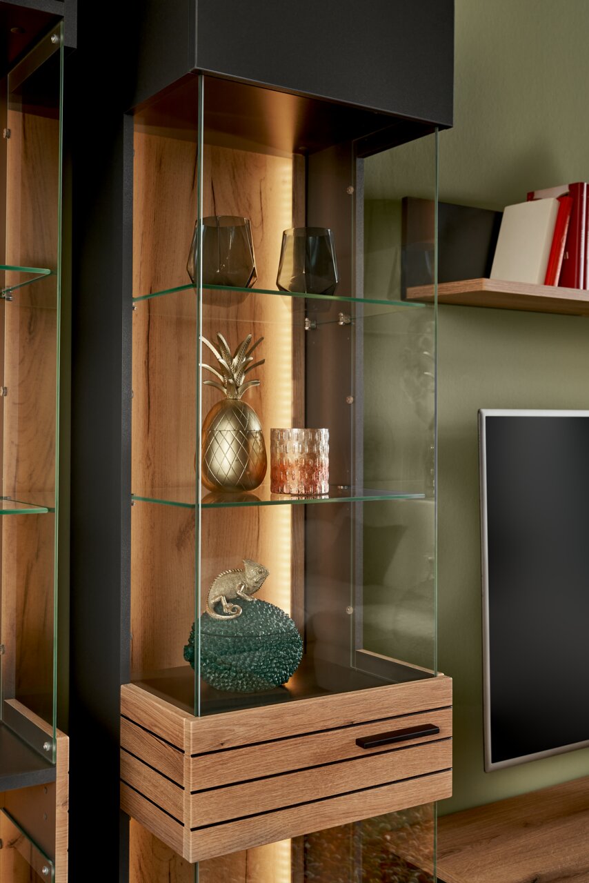 Nahaufnahme einer modernen Vitrine mit Glasregalen, dekoriert mit Gläsern, einer goldenen Ananas und einem kleinen Deko-Chamäleon. Die Perspektive zeigt die Vitrine von vorne leicht seitlich.