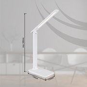 Moderne weiße Tischleuchte mit schlankem Design, seitliche Perspektive, maximale Höhe 500mm, Basis 170mm x 115mm.