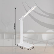 Moderne weiße Tischleuchte mit schlankem Design, seitliche Perspektive, maximale Höhe 500mm, Basis 170mm x 115mm.