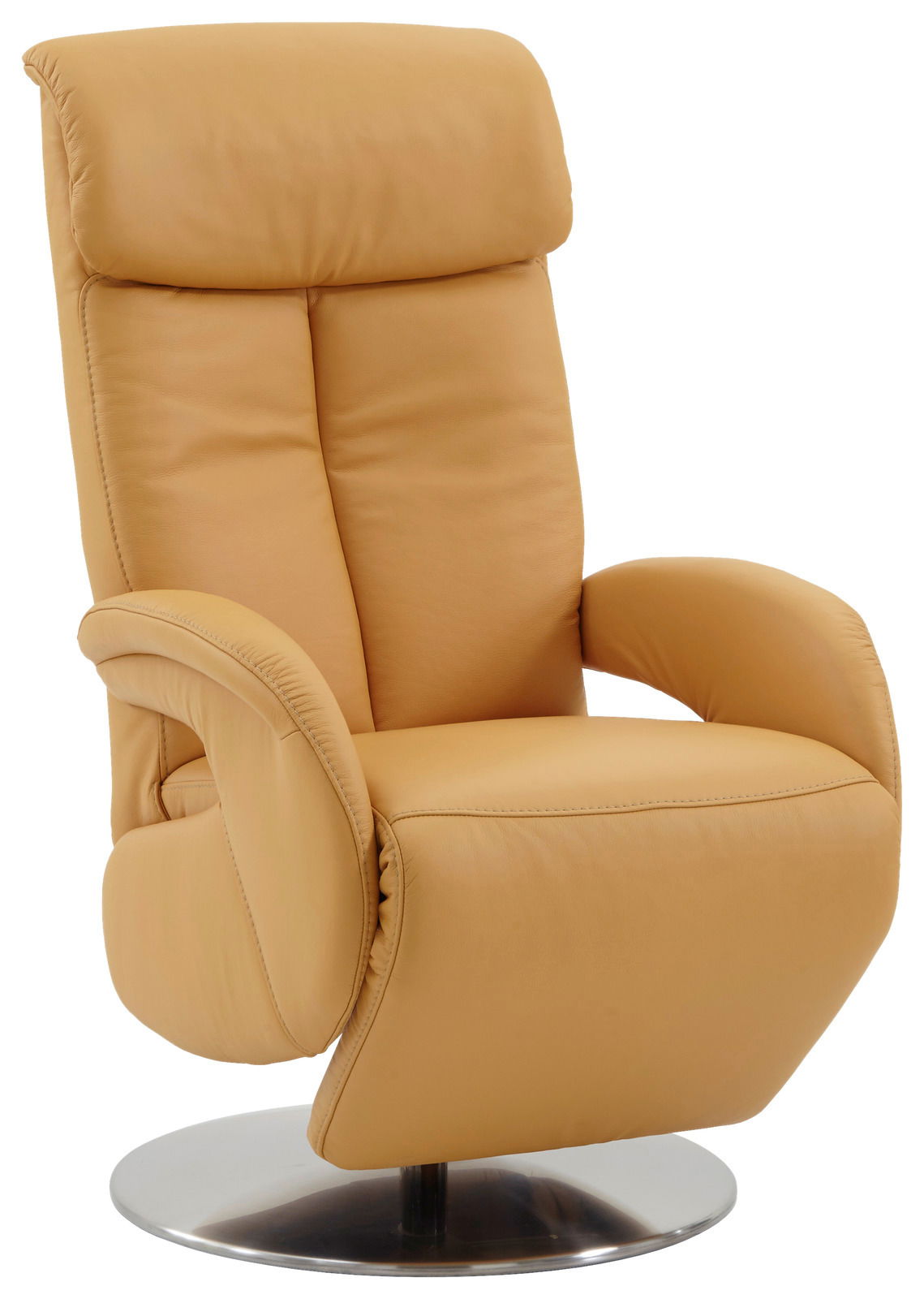 Beiger Fernsehsessel aus Leder mit hoher Rückenlehne und drehbarem Metallfuß, seitliche Perspektive