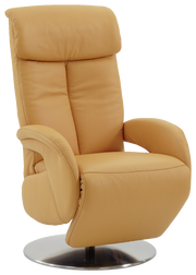 Beiger Fernsehsessel aus Leder mit hoher Rückenlehne und drehbarem Metallfuß, seitliche Perspektive