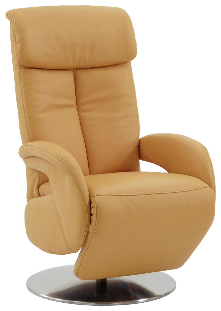 Beiger Fernsehsessel aus Leder mit hoher Rückenlehne und drehbarem Metallfuß, seitliche Perspektive