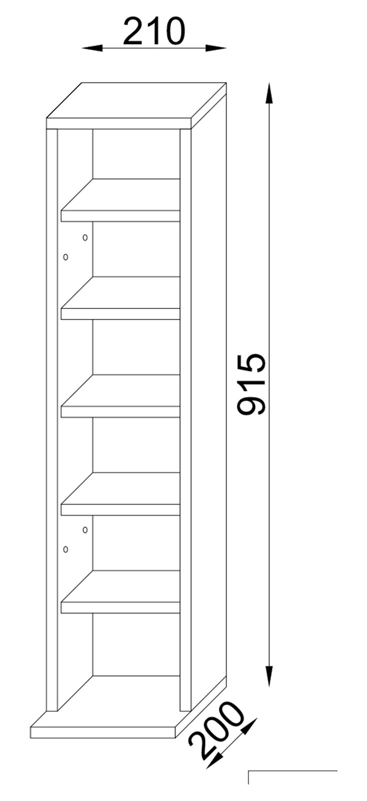 Technische Maßzeichnung eines schmalen, offenen Regals mit mehreren Einlegeböden; Maße ca. 915 mm Höhe, 210 mm Breite und 200 mm Tiefe, dargestellt in leichter Perspektive von vorn/rechts.