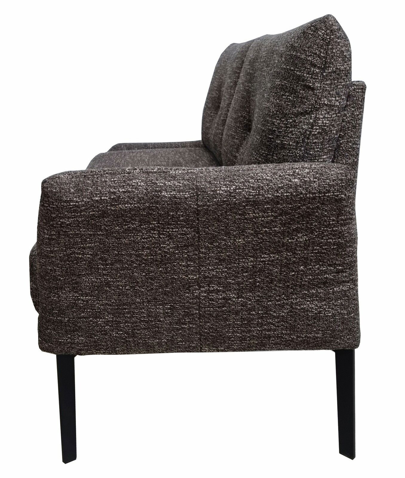 Seitenansicht einer modernen, grauen Bank mit schwarzen Metallbeinen, geeignet für den Online-Shop.