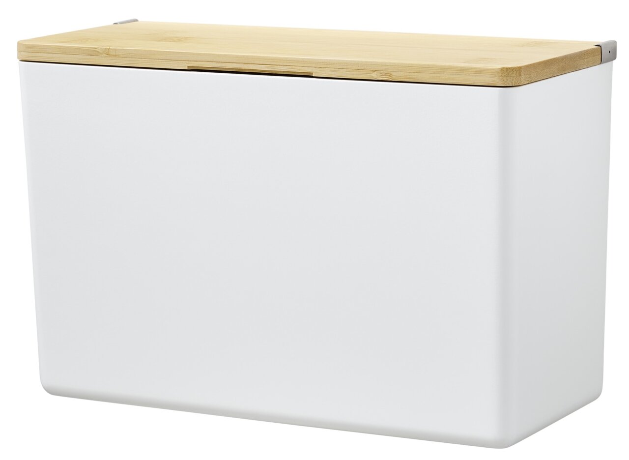 Weiße Aufbewahrungsbox XL mit Holzdeckel, seitliche Perspektive