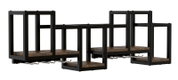 Schwarzes Wandregal im Industrie-Design mit Holzablagen und Metallhaken unten, gezeigt in frontaler Seitenansicht vor weißem Hintergrund