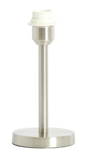 Silberner Lampenfuß aus Metall mit runder Basis, frontal fotografiert.