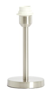 Silberner Lampenfuß aus Metall mit runder Basis, frontal fotografiert.