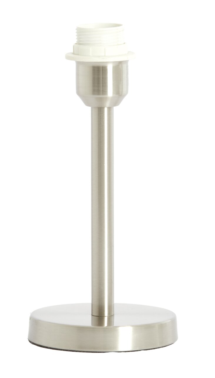 Silberner Lampenfuß aus Metall mit runder Basis, frontal fotografiert.