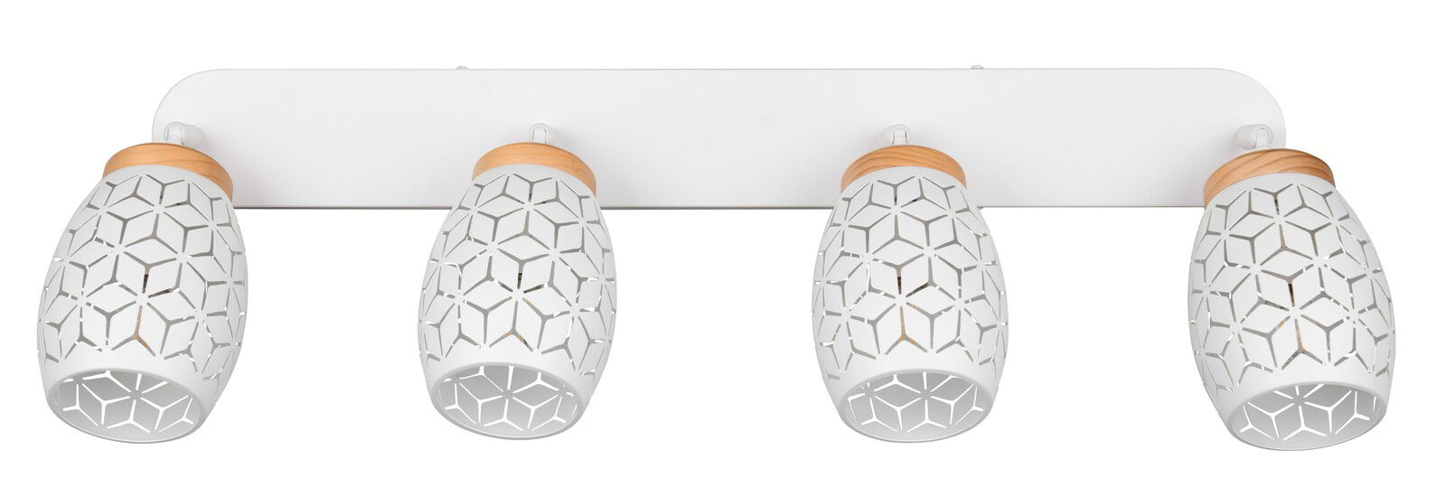 Moderner Deckenstrahler mit vier weißen, geometrisch gemusterten Lampenschirmen und Holzdetails, Ansicht von vorne.