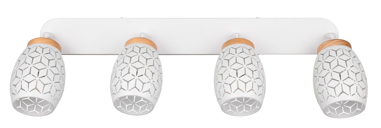 Moderner Deckenstrahler mit vier weißen, geometrisch gemusterten Lampenschirmen und Holzdetails, Ansicht von vorne.