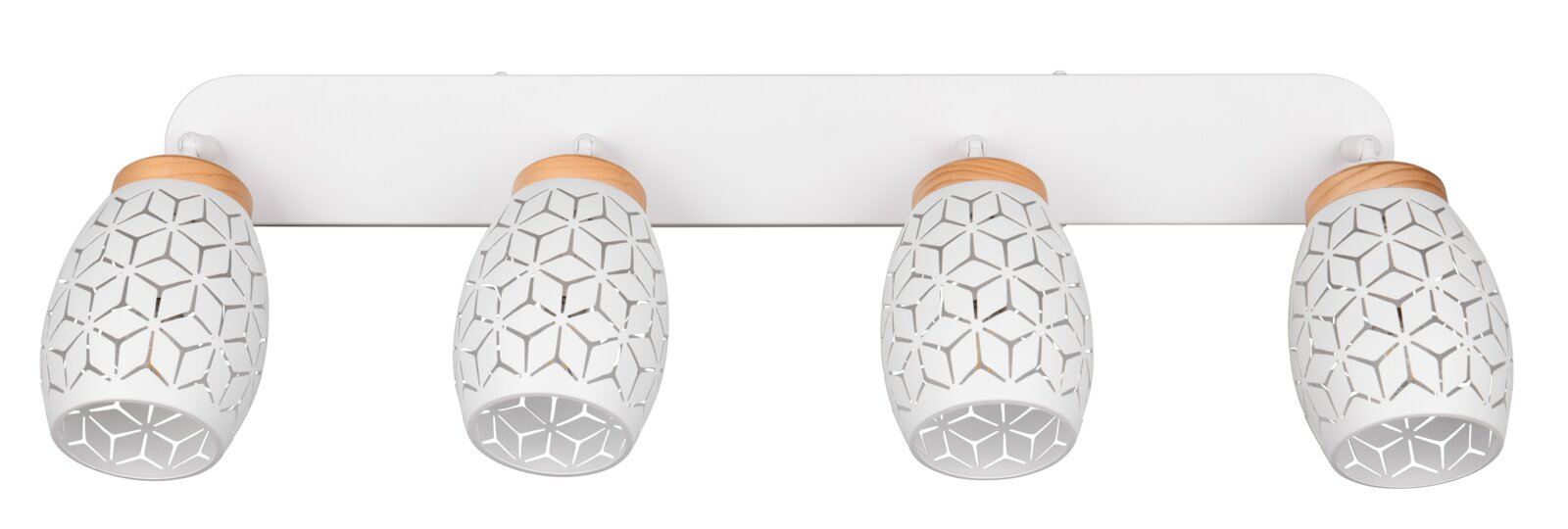 Moderne plafondspot met vier witte lampenkappen met geometrische patronen en houten details, gezien van voren.