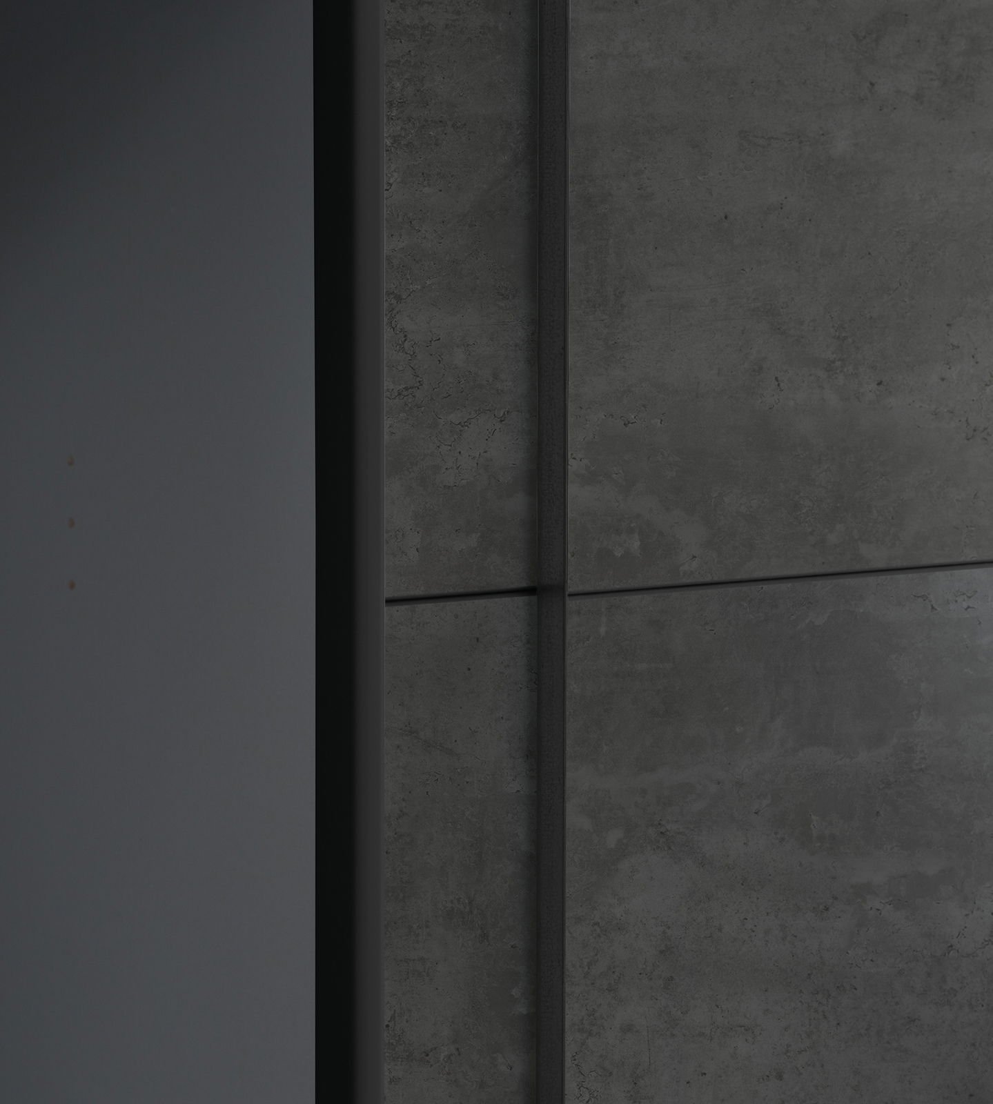 Nahaufnahme eines Dreh- und Schwebetürenschranks NARAGO mit grauer Betonoptik, seitliche Perspektive