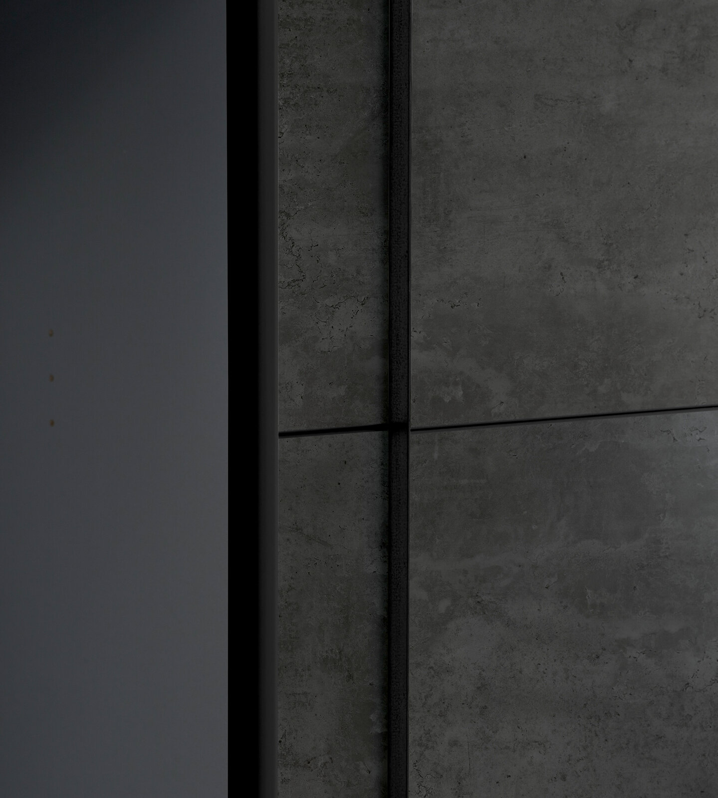 Nahaufnahme eines Dreh- und Schwebetürenschranks NARAGO mit grauer Betonoptik, seitliche Perspektive