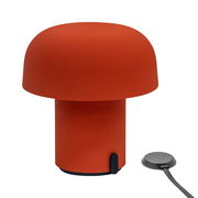 Rote AKKU-Tischleuchte mit integriertem JBL-Speaker, seitliche Perspektive