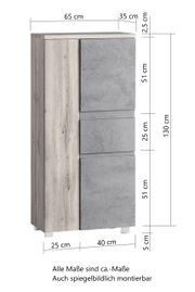 Midischrank 65 cm in Holzoptik mit grauen Fronten, seitliche Perspektive