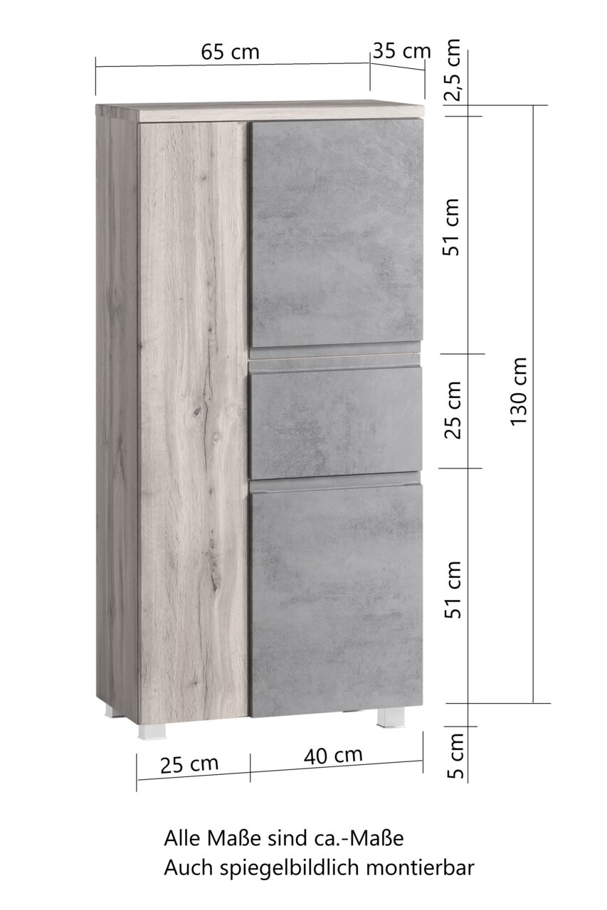 Midischrank 65 cm in Holzoptik mit grauen Fronten, seitliche Perspektive