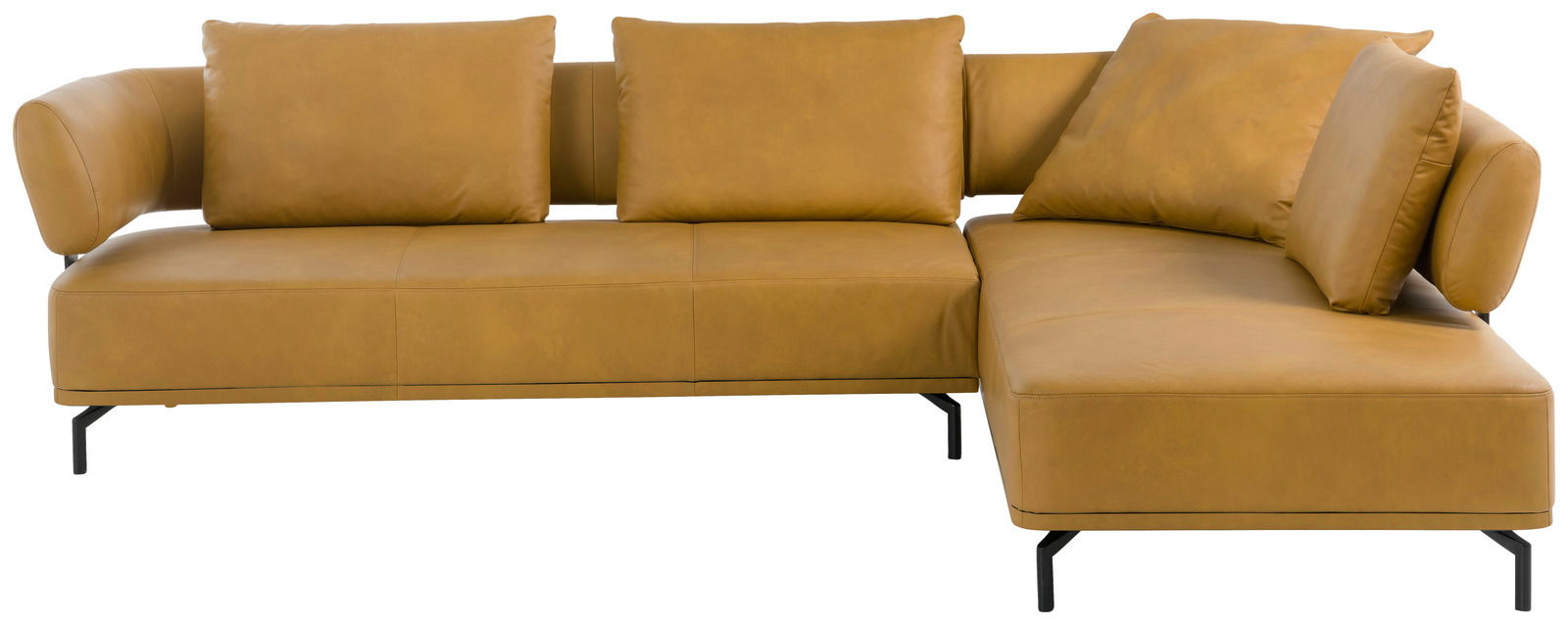 Gelbes Ecksofa aus Leder mit schwarzen Metallfüßen, Ansicht von vorne.