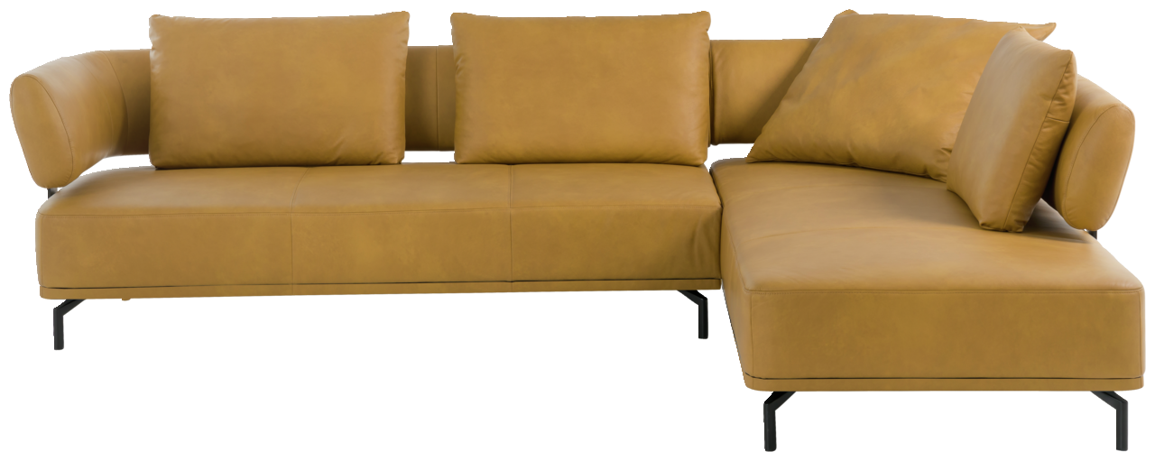 Gelbes Ecksofa aus Leder mit schwarzen Metallfüßen, Ansicht von vorne.