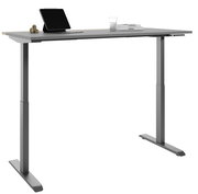 Moderner höhenverstellbarer E-Schreibtisch COLORADO in seitlicher Perspektive mit grauer Tischplatte, ausgestattet mit Laptop, Buch und Glas.