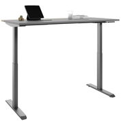 Moderner höhenverstellbarer E-Schreibtisch COLORADO in seitlicher Perspektive mit grauer Tischplatte, ausgestattet mit Laptop, Buch und Glas.