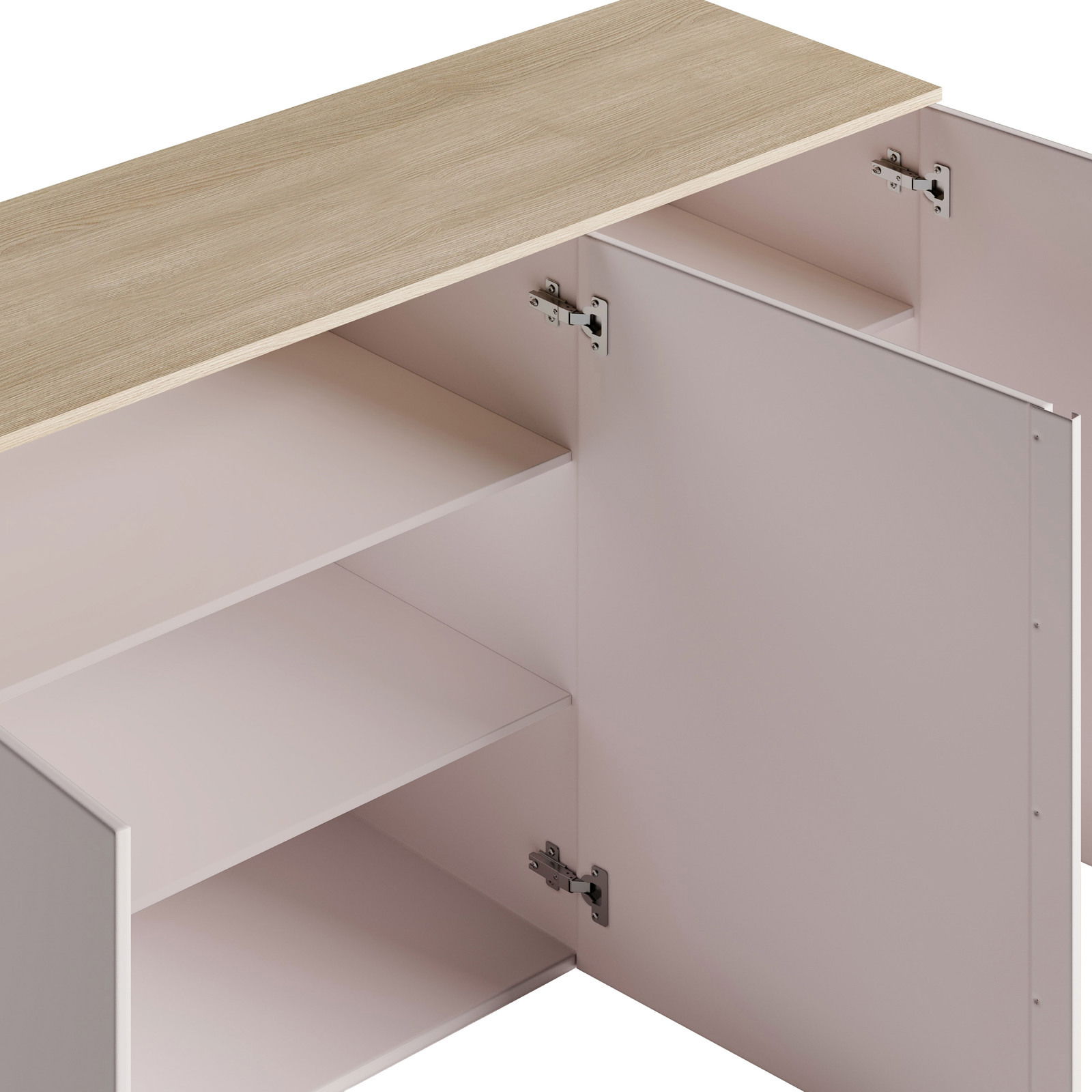 Detailansicht eines Sideboards mit geöffneter Tür, zeigt Innenregale und Holzoberfläche von oben.