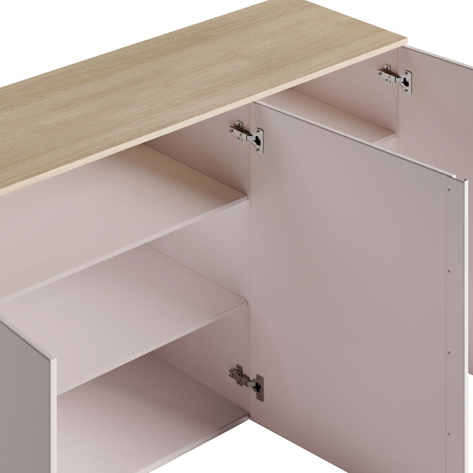 Detailansicht eines Sideboards mit geöffneter Tür, zeigt Innenregale und Holzoberfläche von oben.