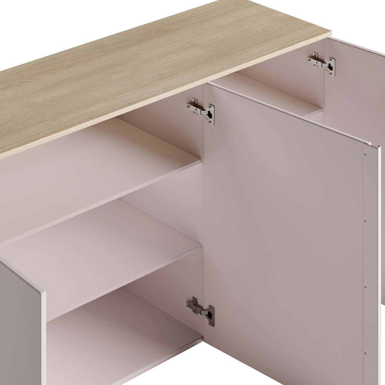 Detailansicht eines Sideboards mit geöffneter Tür, zeigt Innenregale und Holzoberfläche von oben.
