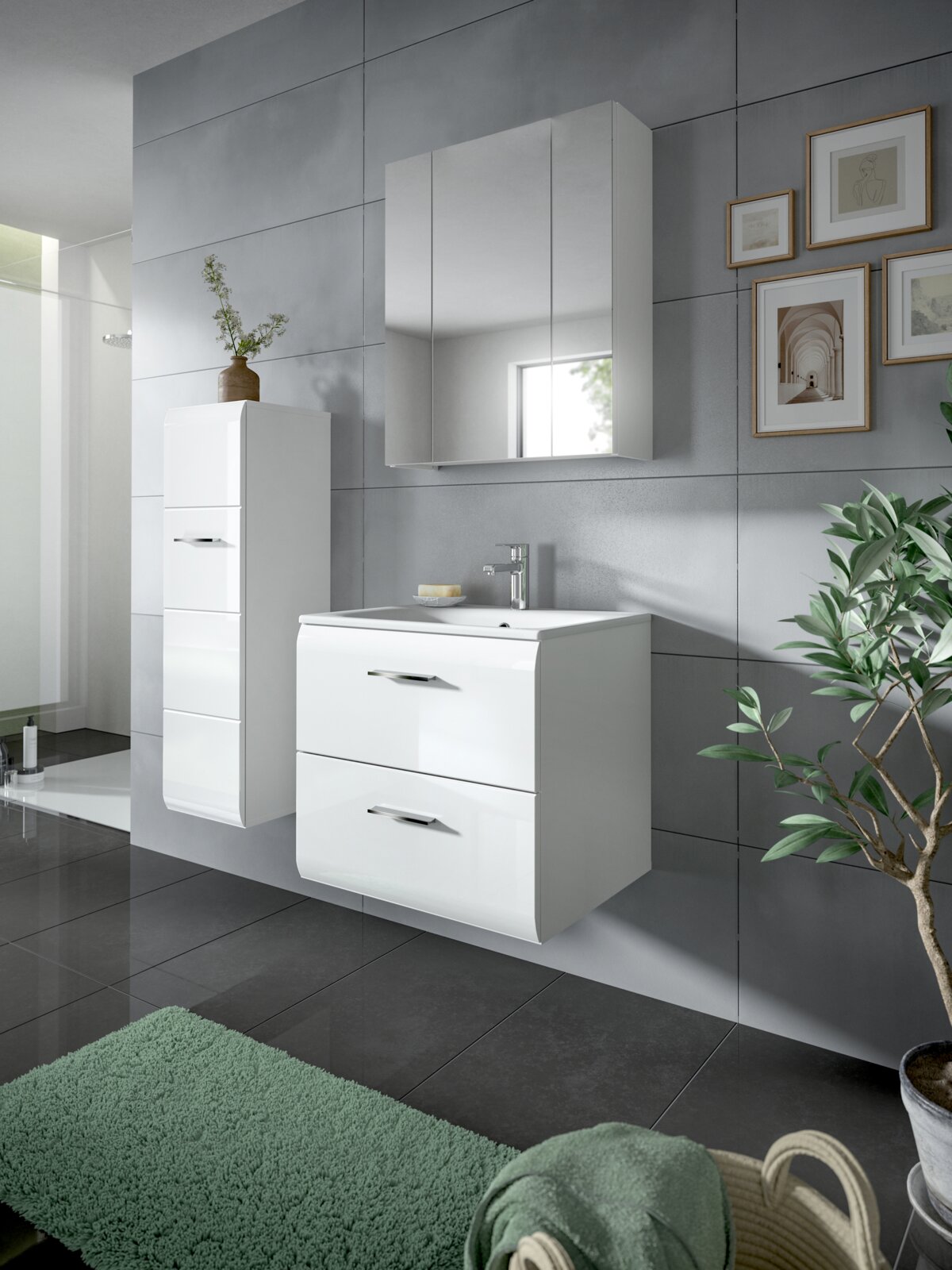 MID.YOU Waschtisch inkl. Waschbecken ICE Modernes, wandhängendes Badmöbel-Set in Weiß mit Waschtischunterschrank (zwei Schubladen), Hochschrank und Spiegelschrank über dem Waschbecken, Frontansicht in leicht schräger Perspektive im grauen Fliesenbad.