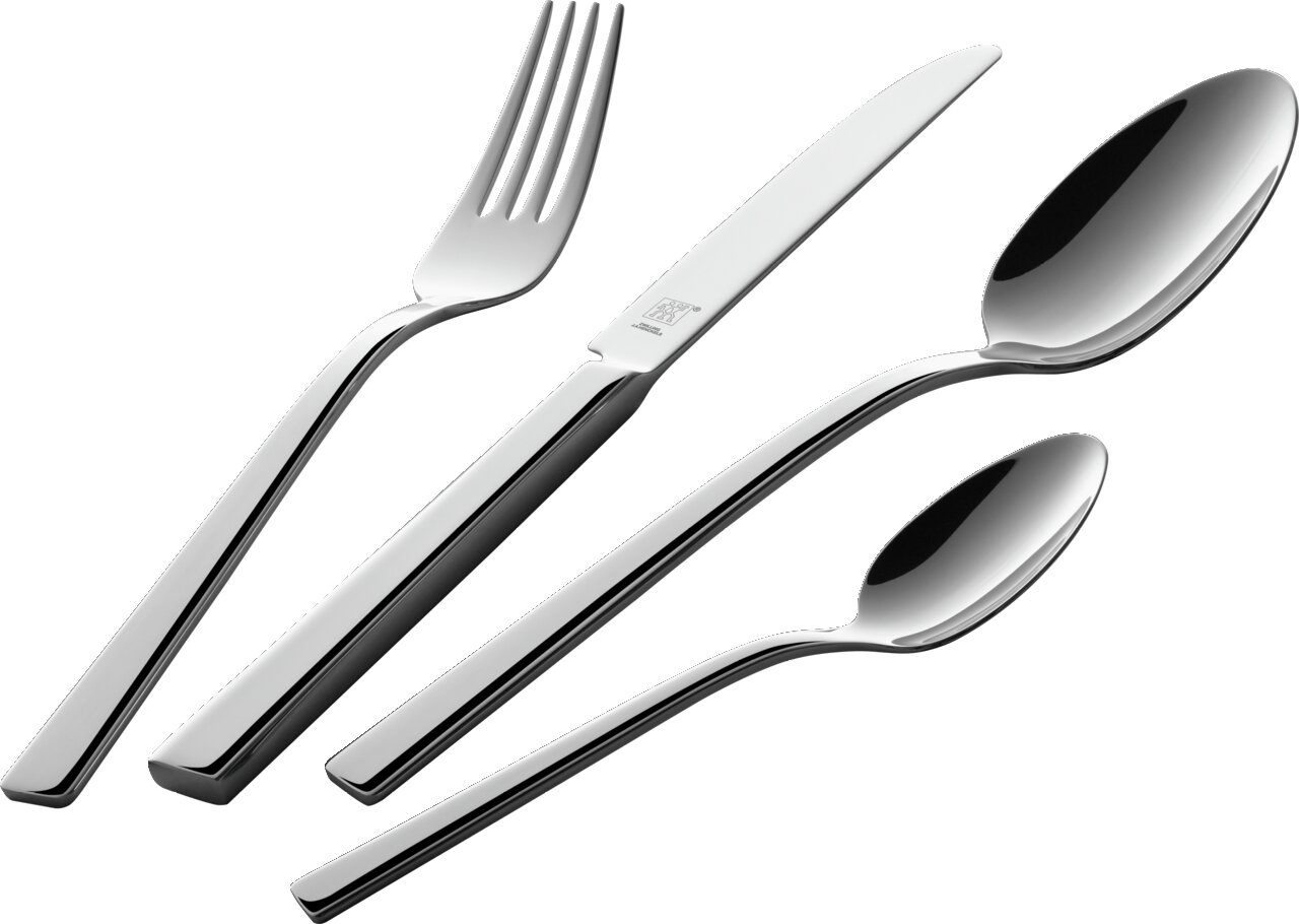 Elegantes Besteckset King 68-tlg. aus Edelstahl, bestehend aus Gabel, Messer, Esslöffel und Teelöffel, in seitlicher Perspektive.