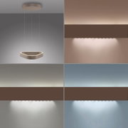 Moderne LED-Pendelleuchte mit organisch abgerundetem, dreieckigem Ring in matt beige/greige, an drei dünnen Seilen von einer runden Deckenrosette abgehängt, warmweißes indirektes Licht; Perspektive: leicht von unten in Frontansicht.