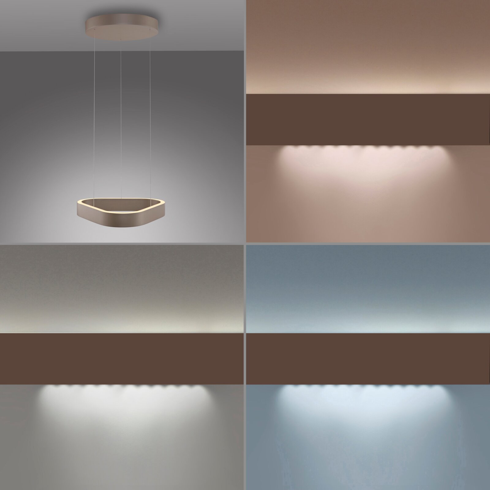 Moderne LED-Pendelleuchte mit organisch abgerundetem, dreieckigem Ring in matt beige/greige, an drei dünnen Seilen von einer runden Deckenrosette abgehängt, warmweißes indirektes Licht; Perspektive: leicht von unten in Frontansicht.