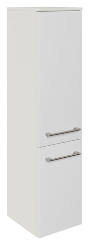 Weißer Midischrank mit zwei Türen und silbernen Griffen, seitliche Perspektive