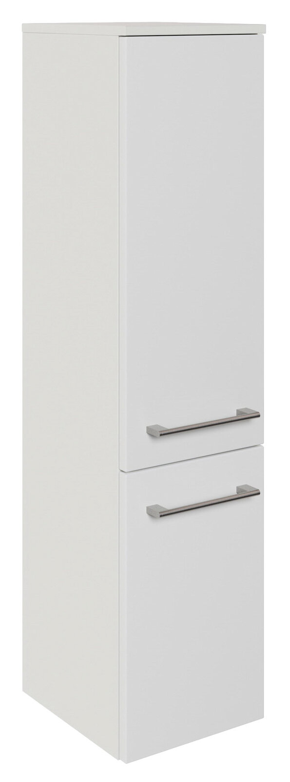 Sadena Midischrank PLAKA Weißer Midischrank mit zwei Türen und silbernen Griffen, seitliche Perspektive