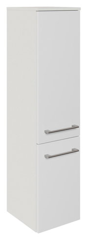 Weißer Midischrank mit zwei Türen und silbernen Griffen, seitliche Perspektive