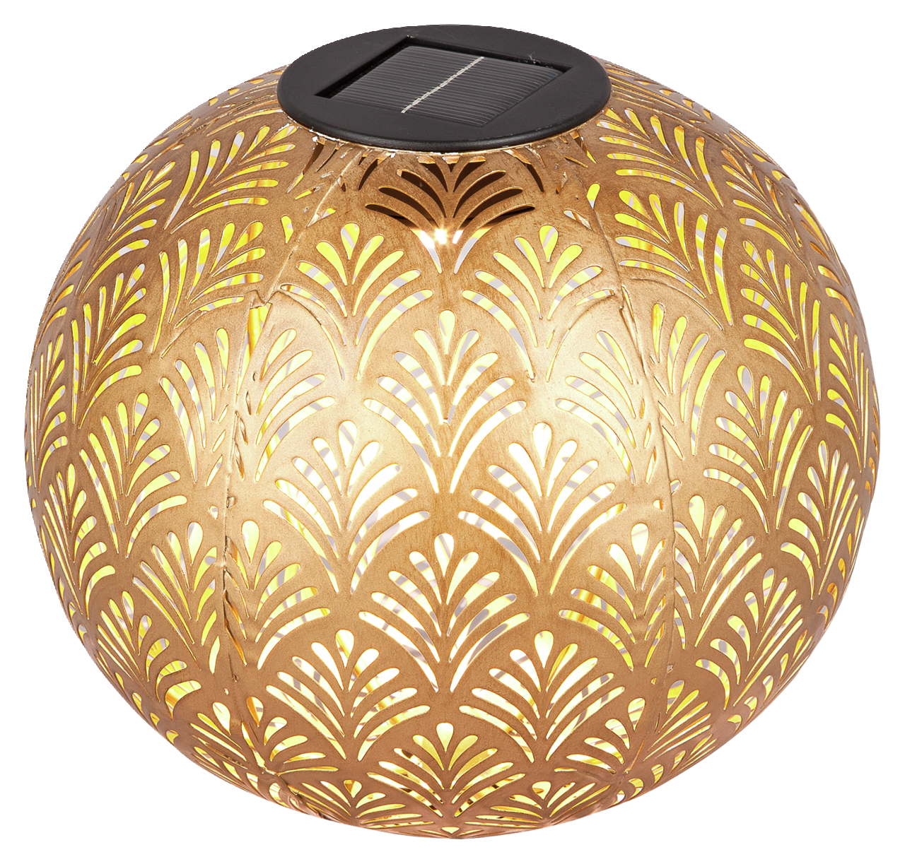 Goldene Solarleuchte mit dekorativem Muster, seitliche Perspektive