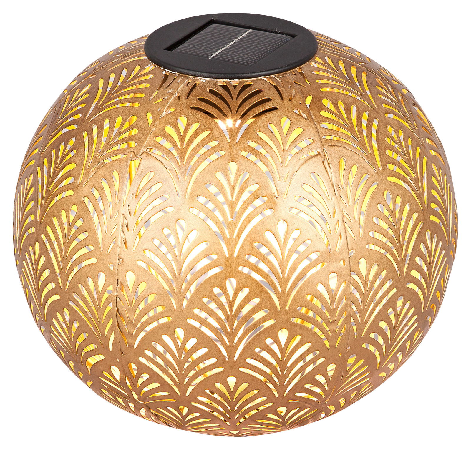 Goldene Solarleuchte mit dekorativem Muster, seitliche Perspektive