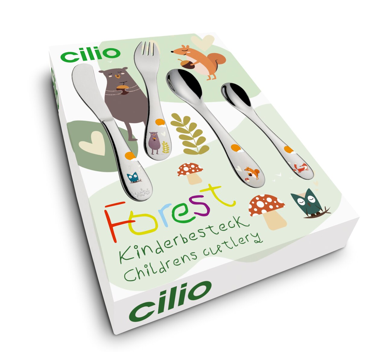 Kinderbesteck FOREST 4-tlg. von cilio mit bunten Waldtiermotiven, perspektivisch von oben fotografiert.