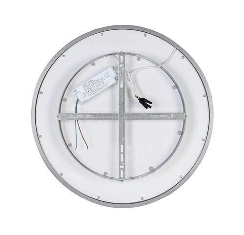 Achterkant van een ronde led-plafondlamp met zichtbare bedrading en bevestiging.
