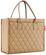 Beige Einkaufstasche mit Rautenmuster, seitliche Perspektive