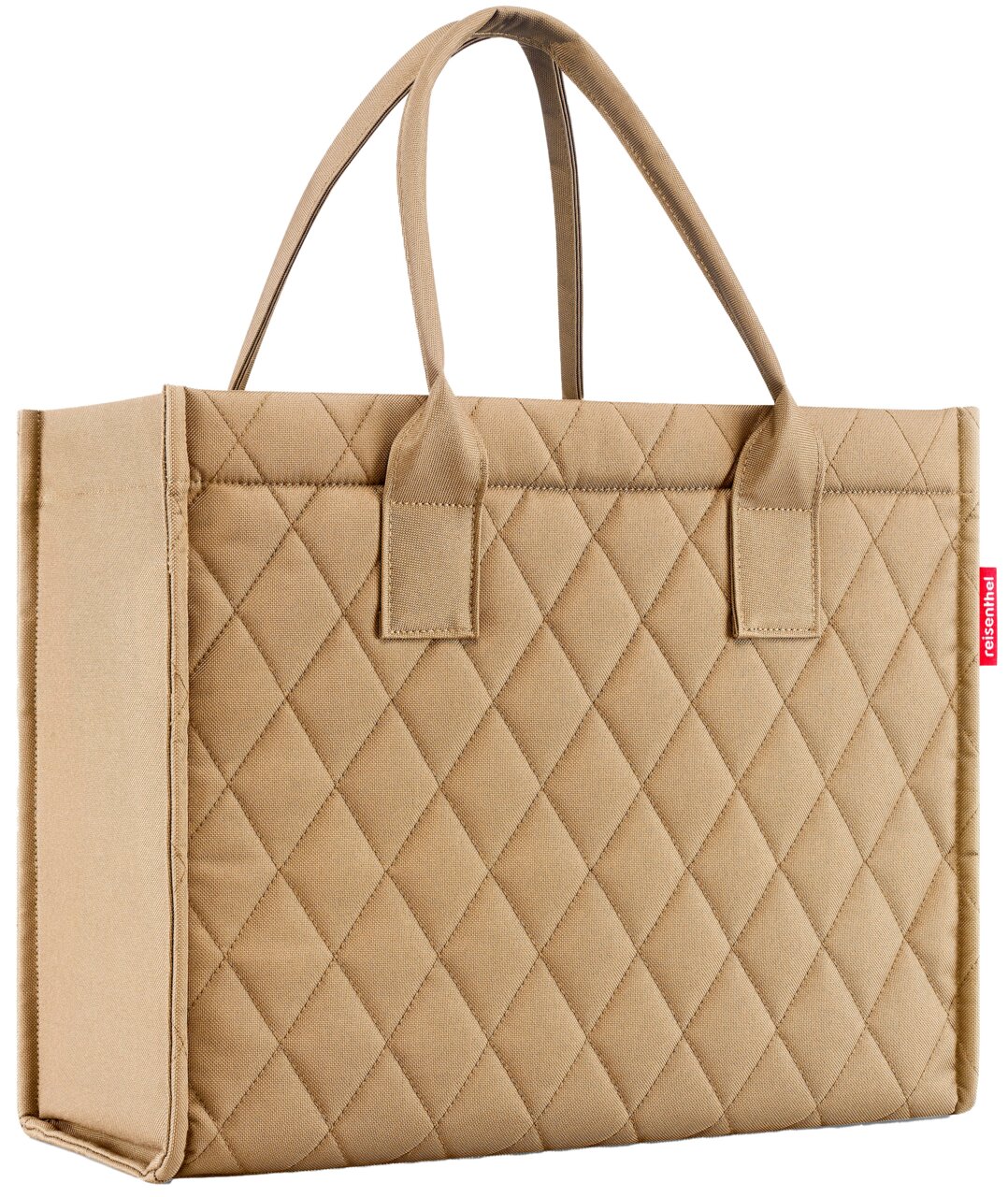 Beige Einkaufstasche mit Rautenmuster, seitliche Perspektive