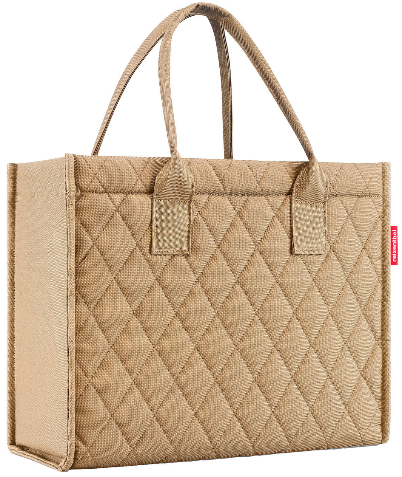 Beige Einkaufstasche mit Rautenmuster, seitliche Perspektive