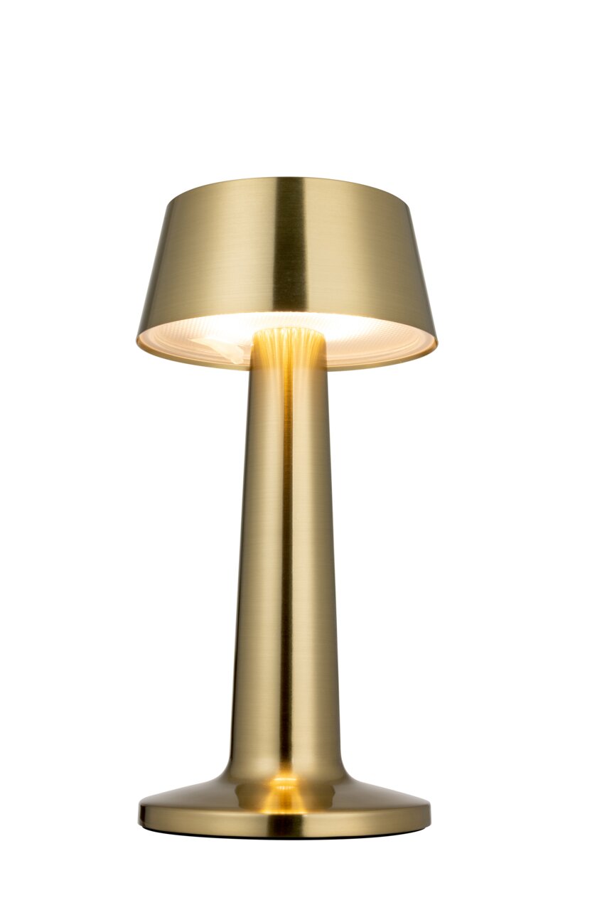 Gouden accu-tafellamp in vooraanzicht, met een modern ontwerp en een cilindrische voet.